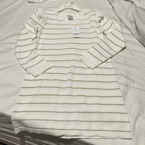 Gymboree 5/6 creamy white gold stripe sweater dress ruffled shoulders a line nwt - Picture 1 of 8